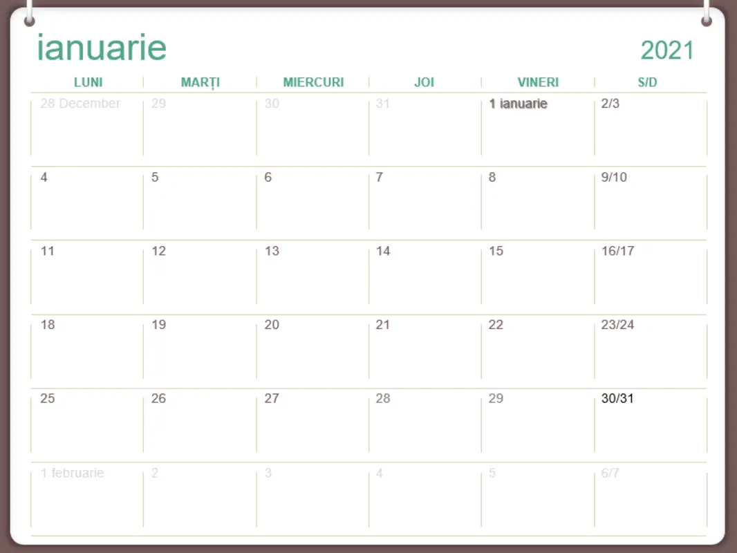 Calendar clasic de perete (luni-duminică, proiect cu două inele) green modern-simple