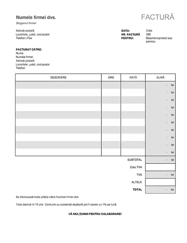 Factură de servicii cu calculul taxelor modern-simple