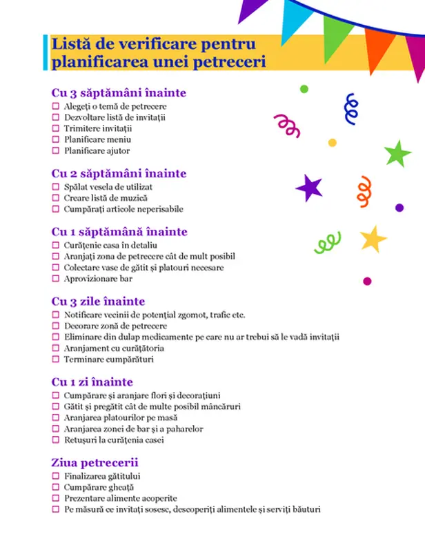 Listă de verificare pentru planificarea unei petreceri
