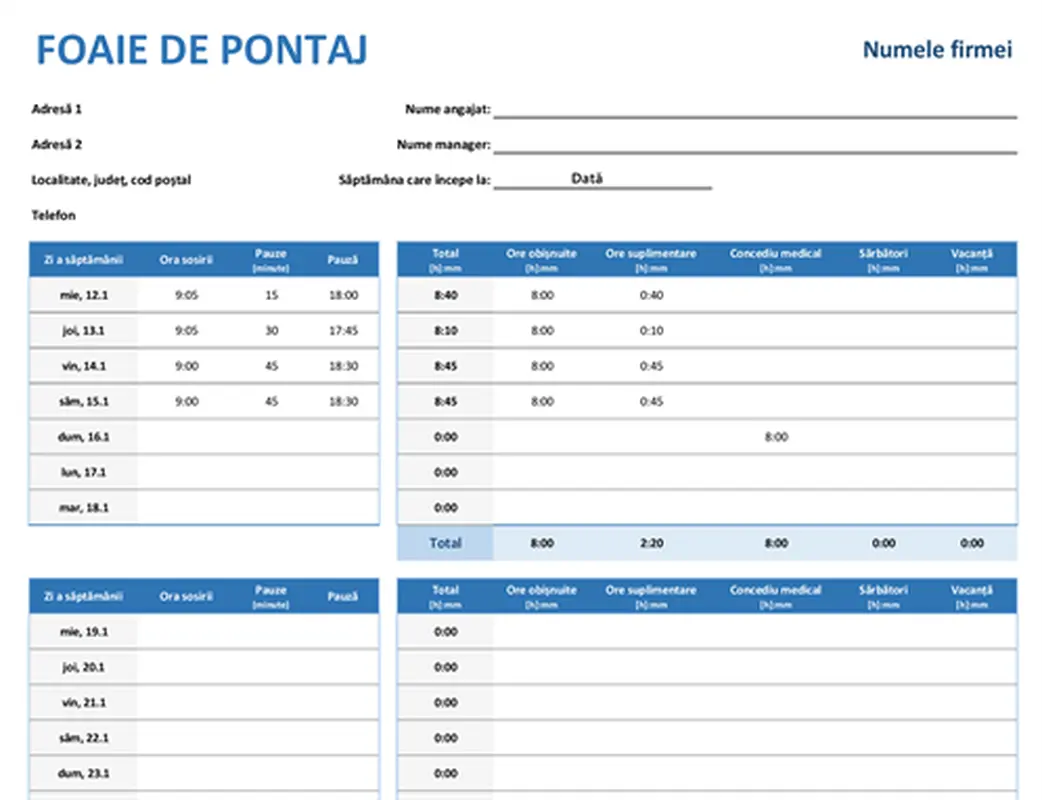 Foaie de pontaj săptămânală