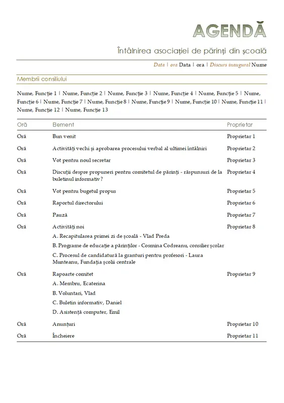 Agenda asociației de părinți modern simple