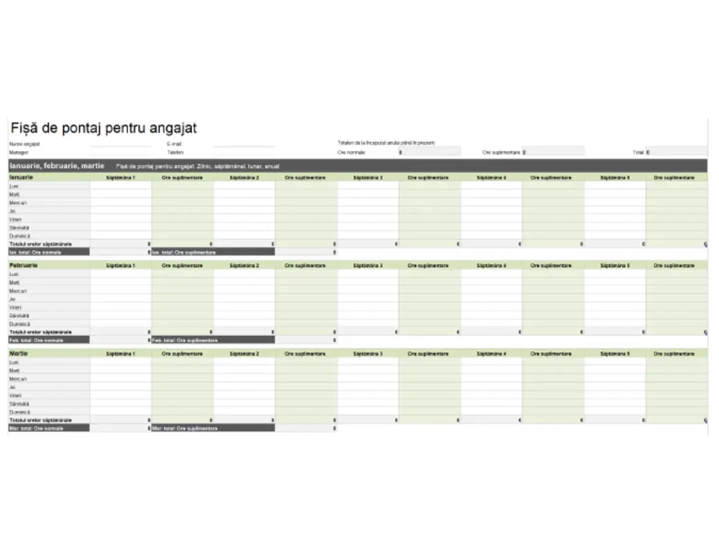 Fișă de pontaj pentru angajați (zilnic, săptămânal, lunar și anual) green modern simple
