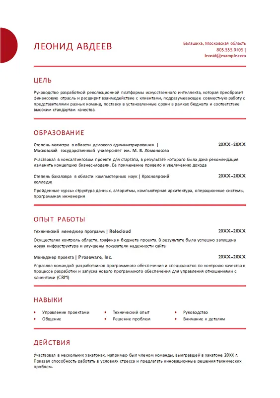 Резюме управления проектами modern simple