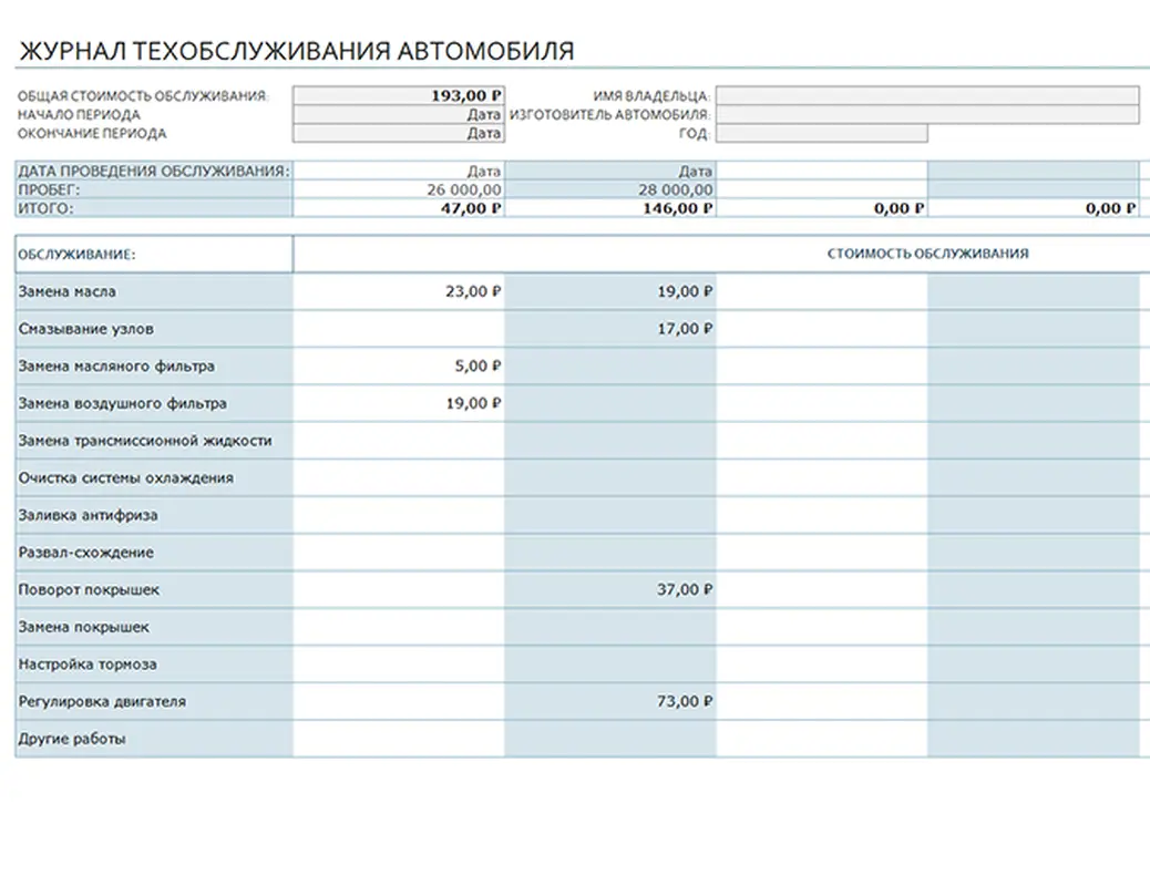 Журнал техобслуживания автомобиля