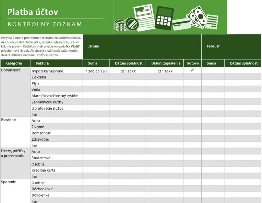 Kontrolný zoznam platby účtov green modern simple