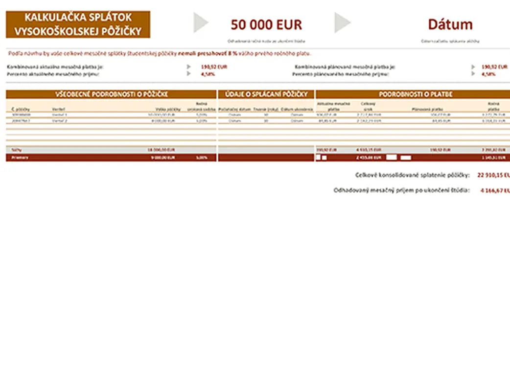 Kalkulačka splátok študentskej pôžičky modern-simple