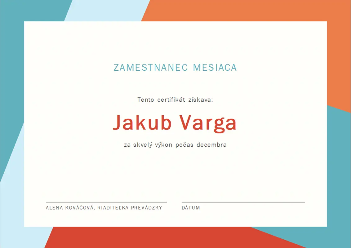 Certifikát zamestnanec mesiaca modern-color-block