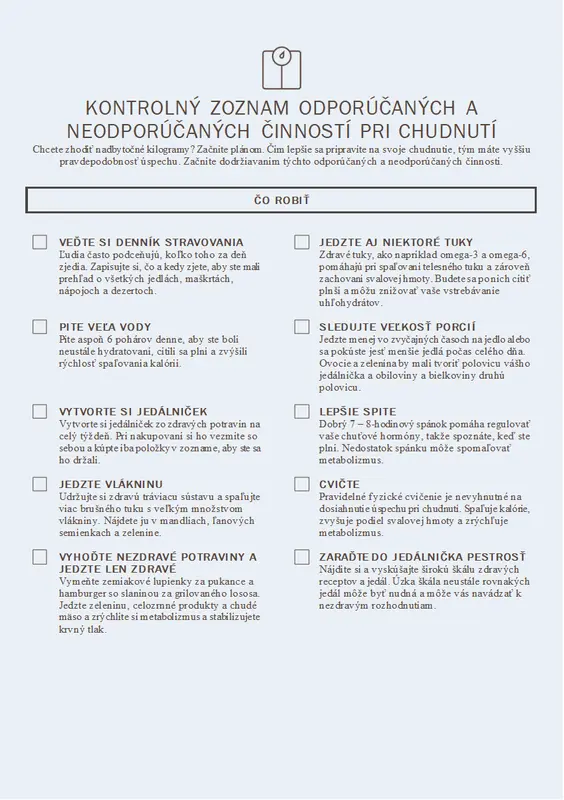 Kontrolný zoznam odporúčaných a neodporúčaných činností pri chudnutí modern-simple