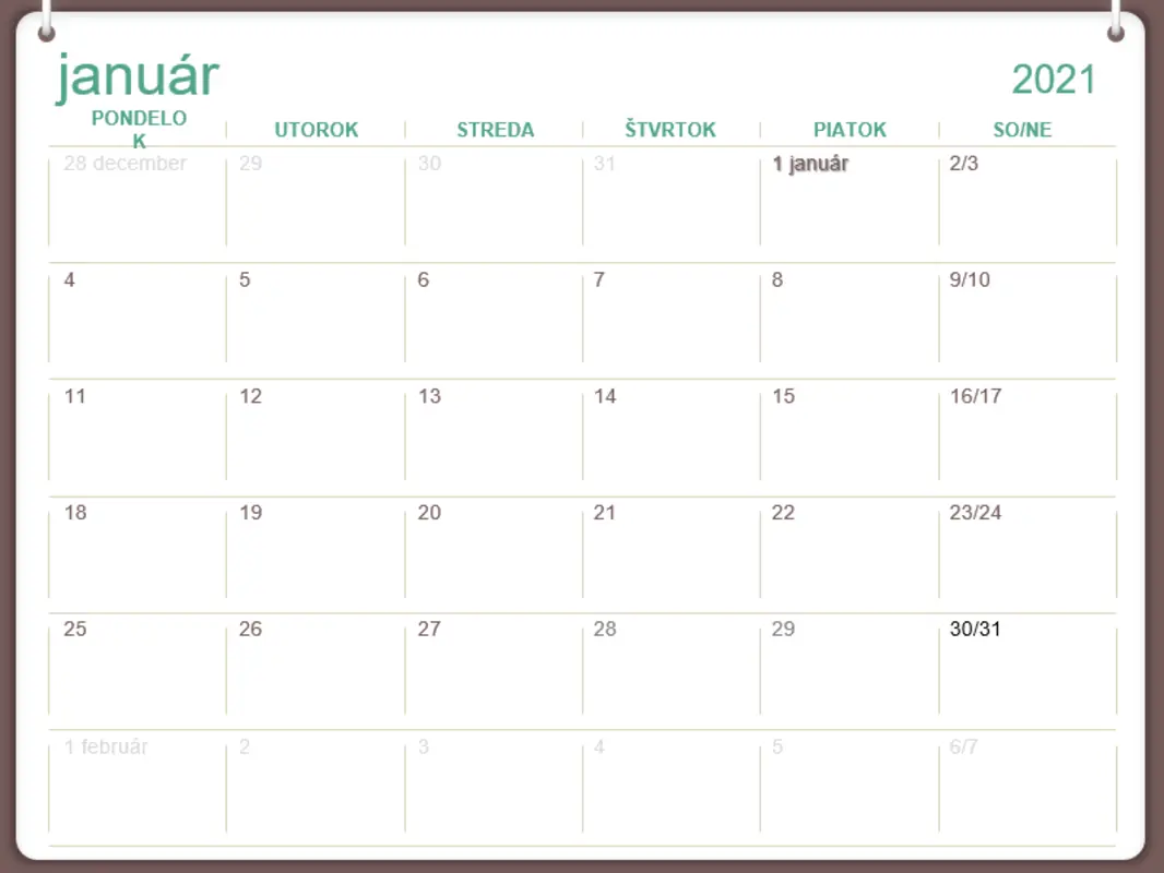 Klasický nástenný kalendár (pondelok až nedeľa, návrh s dvomi krúžkami) green modern-simple