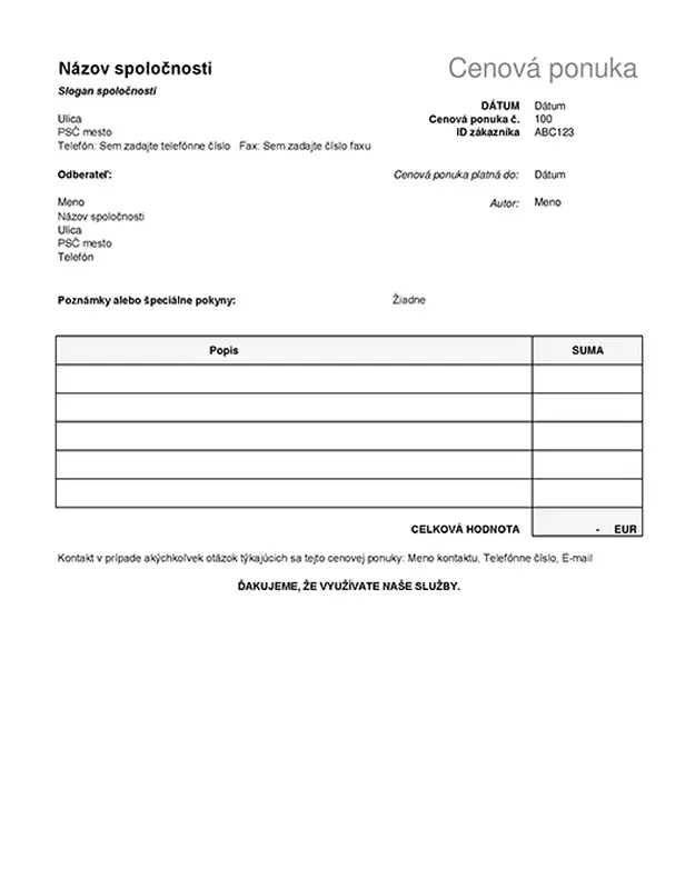 Cenová ponuka bez daní