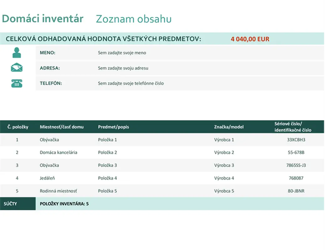 Domáci inventár modern simple