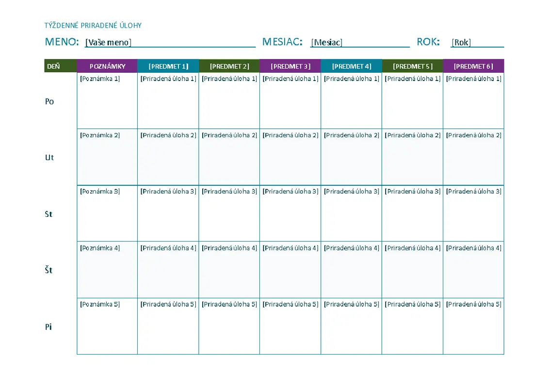 Hárok s týždennými priradenými úlohami (farebný, na šírku)