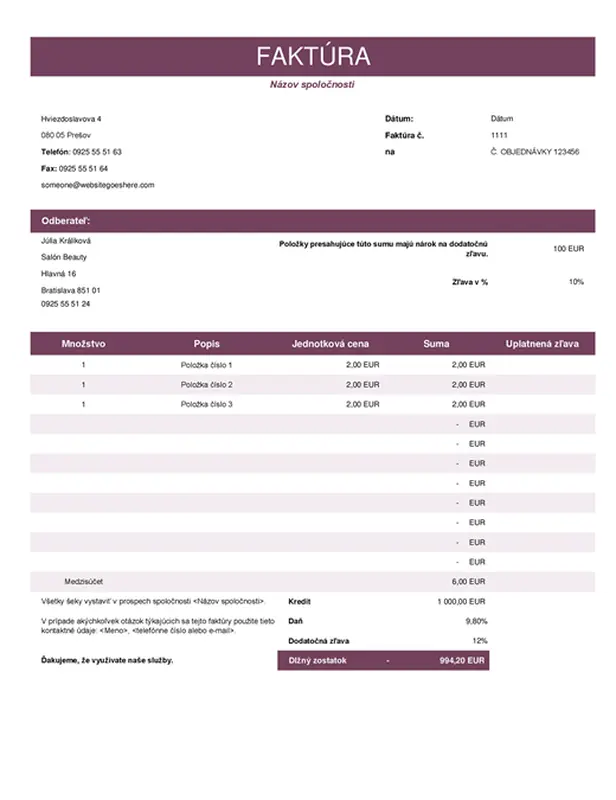 Farebná faktúra za predaj modern simple