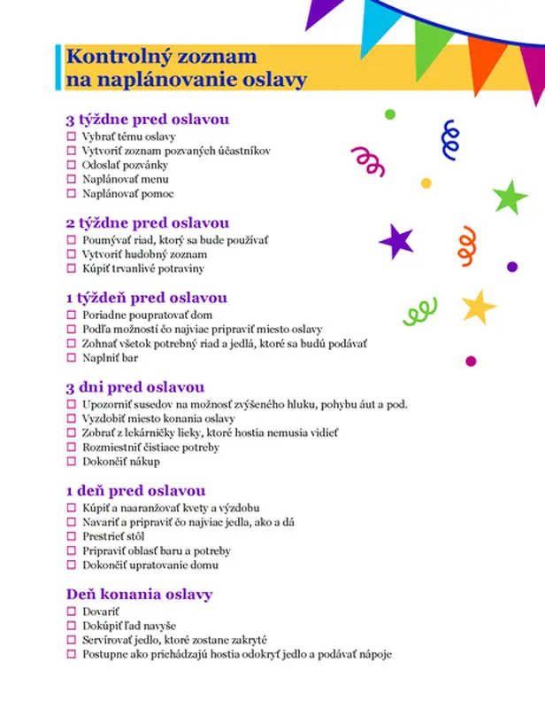 Kontrolný zoznam na naplánovanie oslavy