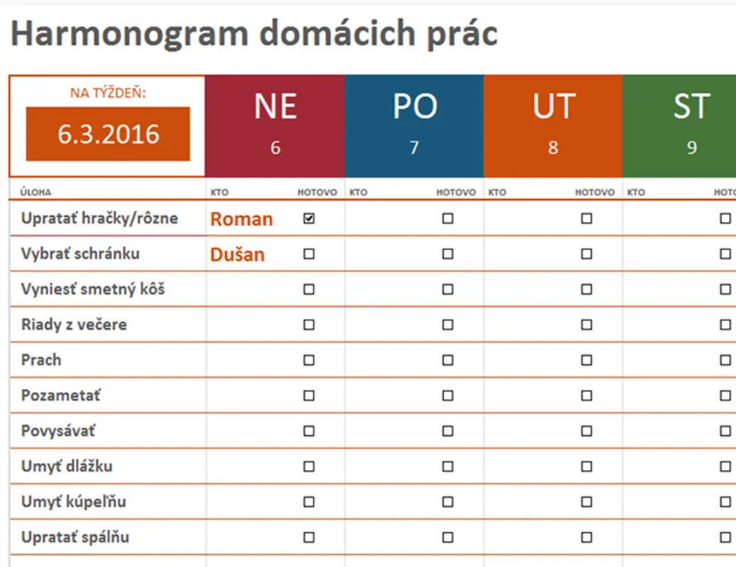 Týždenný harmonogram domácich prác