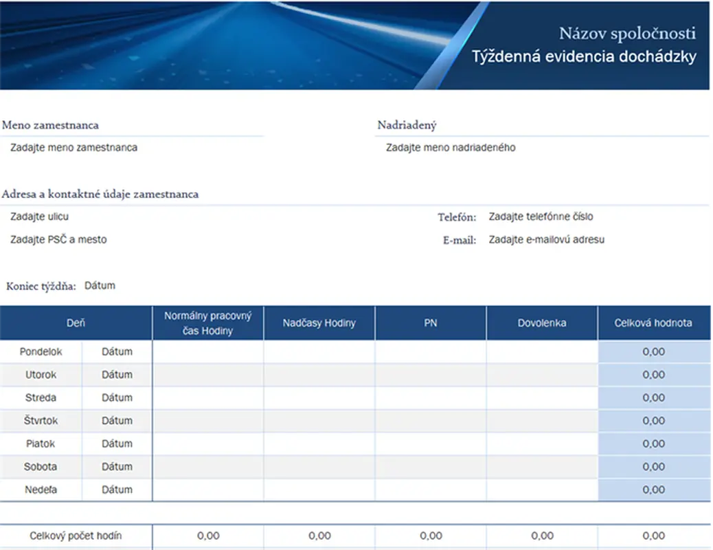 Týždenná evidencia dochádzky pre malý podnik modern simple