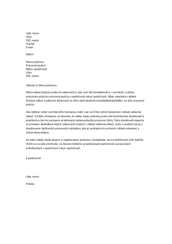 Sprievodný list životopisu v prípade odporučenia