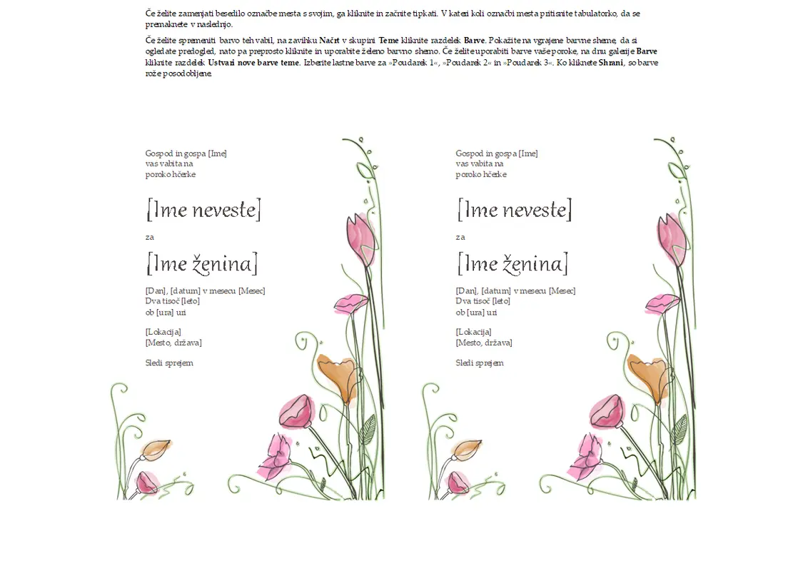 Poročna vabila (akvarelna oblika, 2 na stran, deluje z Avery 5389)