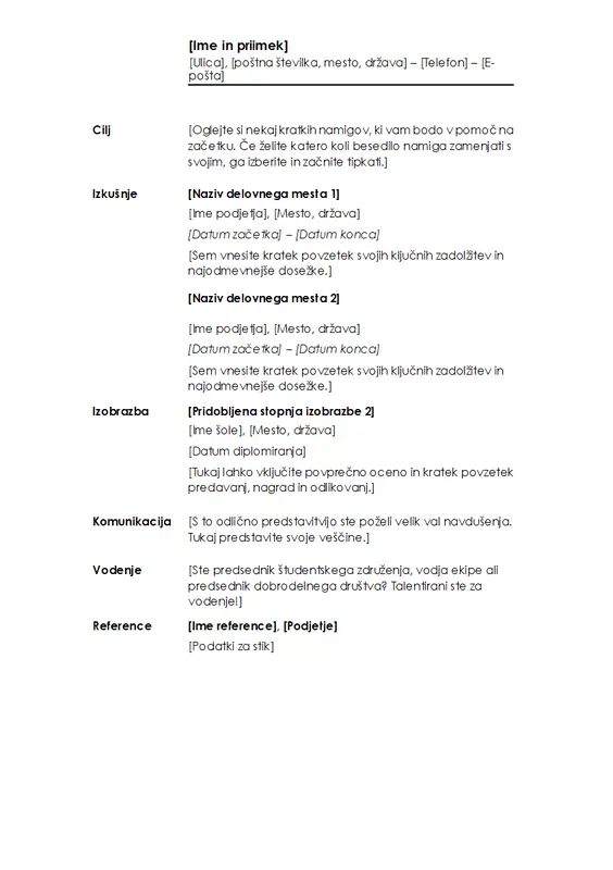 Kronološki življenjepis (načrt »Minimalistično«) modern simple