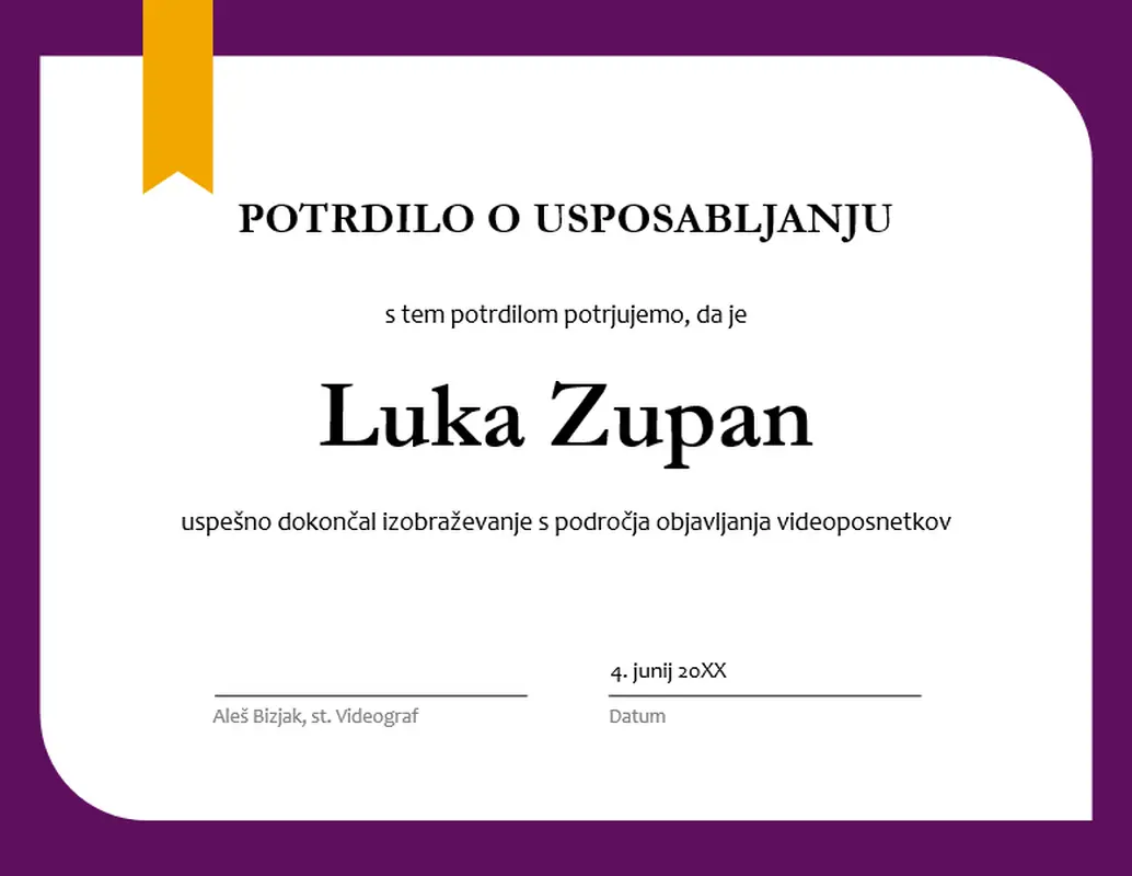 Potrdilo o usposabljanju modern-simple