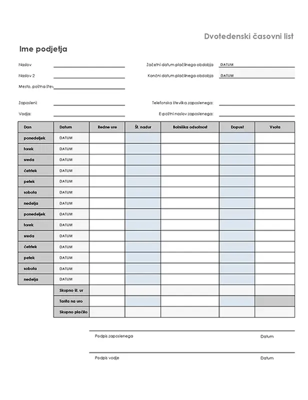 Dvotedenski časovni list za bolniško odsotnost in dopust modern simple