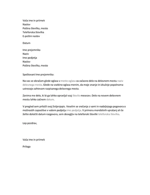 Spremno pismo za življenjepis za začasno delovno mesto