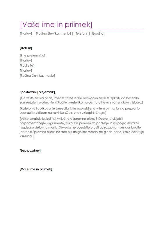 Spremno pismo življenjepisa (vijoličasto)