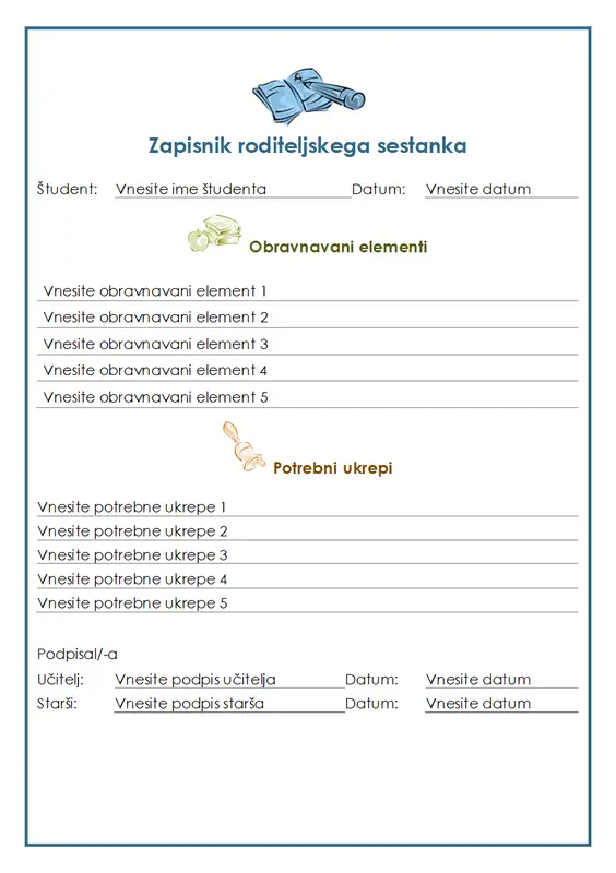 Zapisnik roditeljskega sestanka med učiteljem in starši