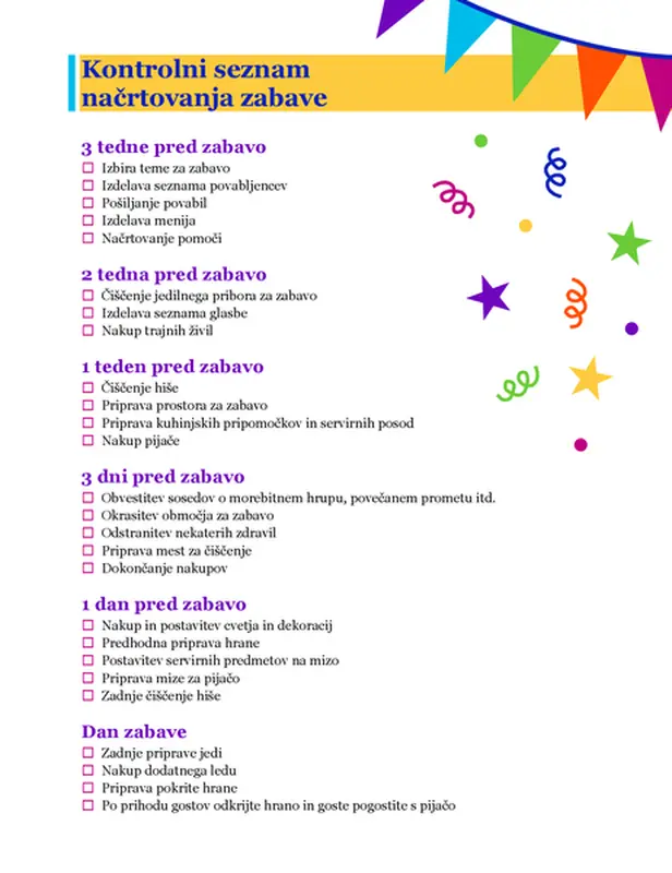 Kontrolni seznam načrtovanja zabave