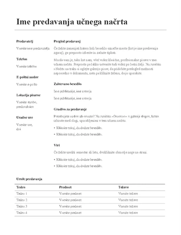 Načrt predavanj