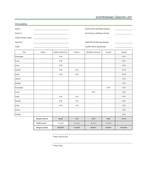 Dvotedenski časovni list z bolniško odsotnostjo in dopustom (z vzorčnimi podatki) modern simple