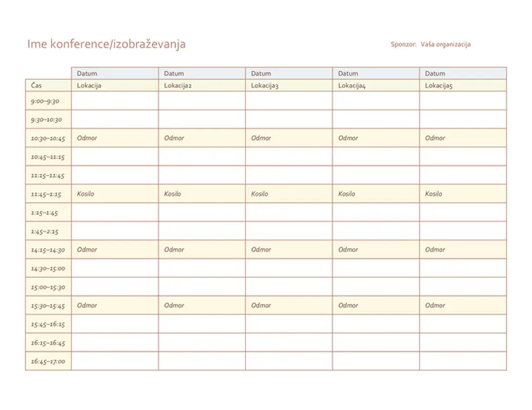 Petdnevni urnik dogodkov