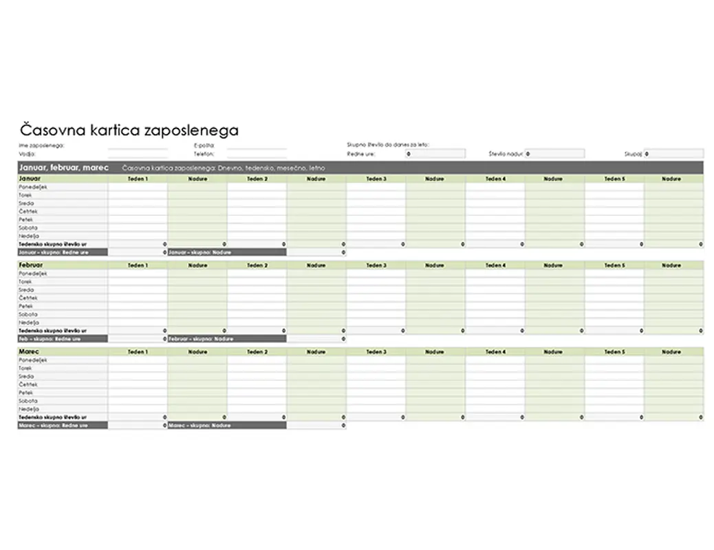 Časovna kartica zaposlenega (dnevna, tedenska, mesečna in letna) modern simple