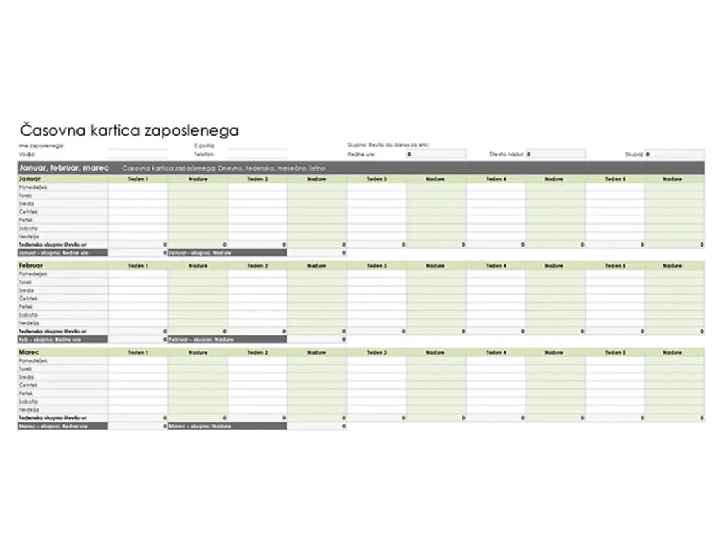 Časovna kartica zaposlenega (dnevna, tedenska, mesečna in letna) green modern simple