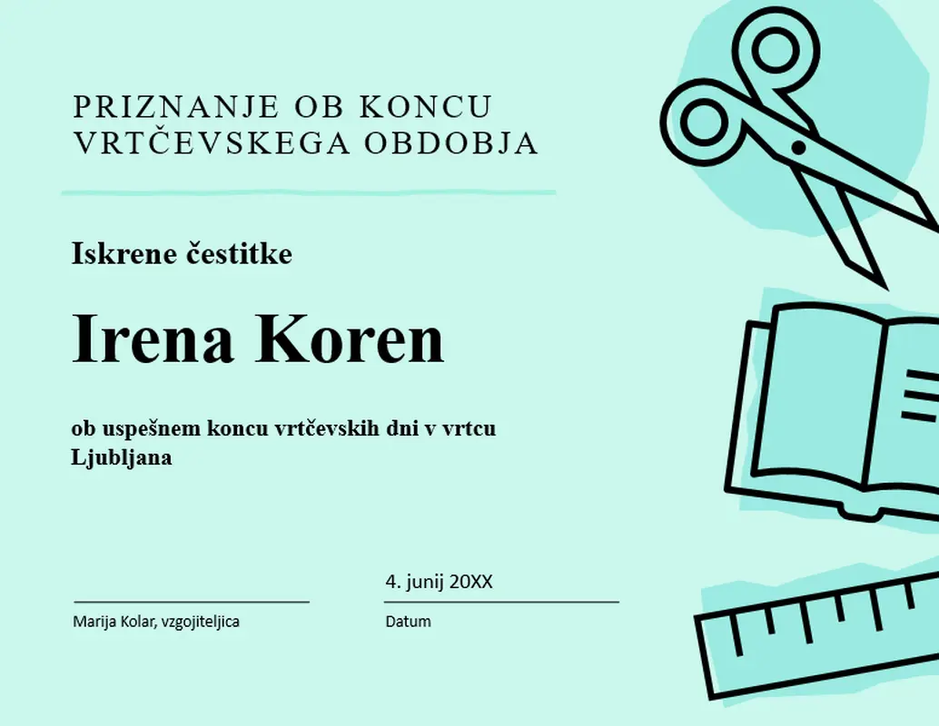 Priznanje ob koncu vrtčevskega obdobja modern bold