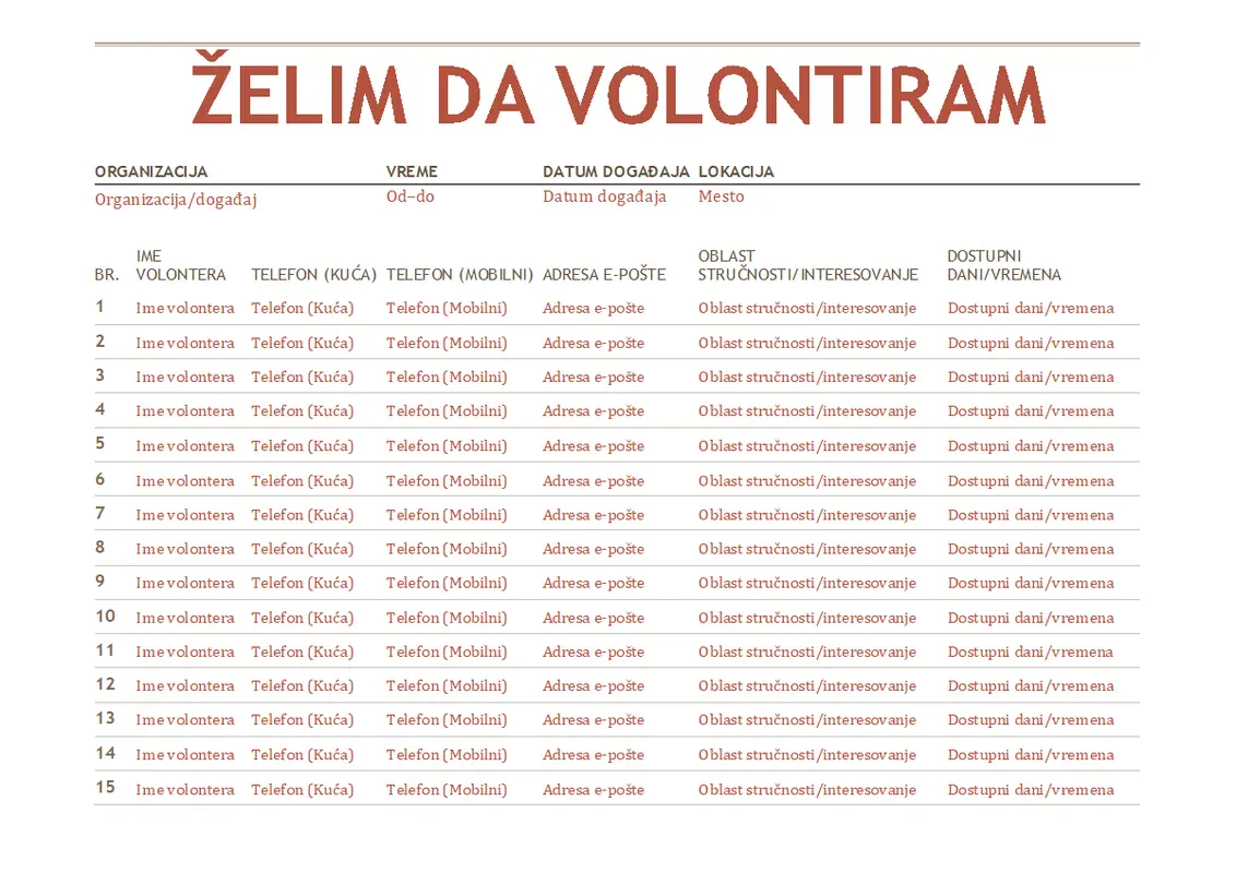 List za upisivanje volontera
