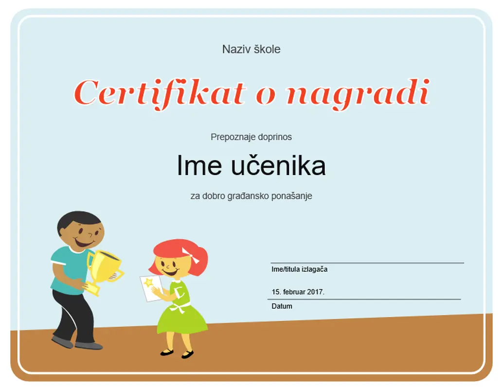 Certifikat o nagradi (za učenike osnovne škole)