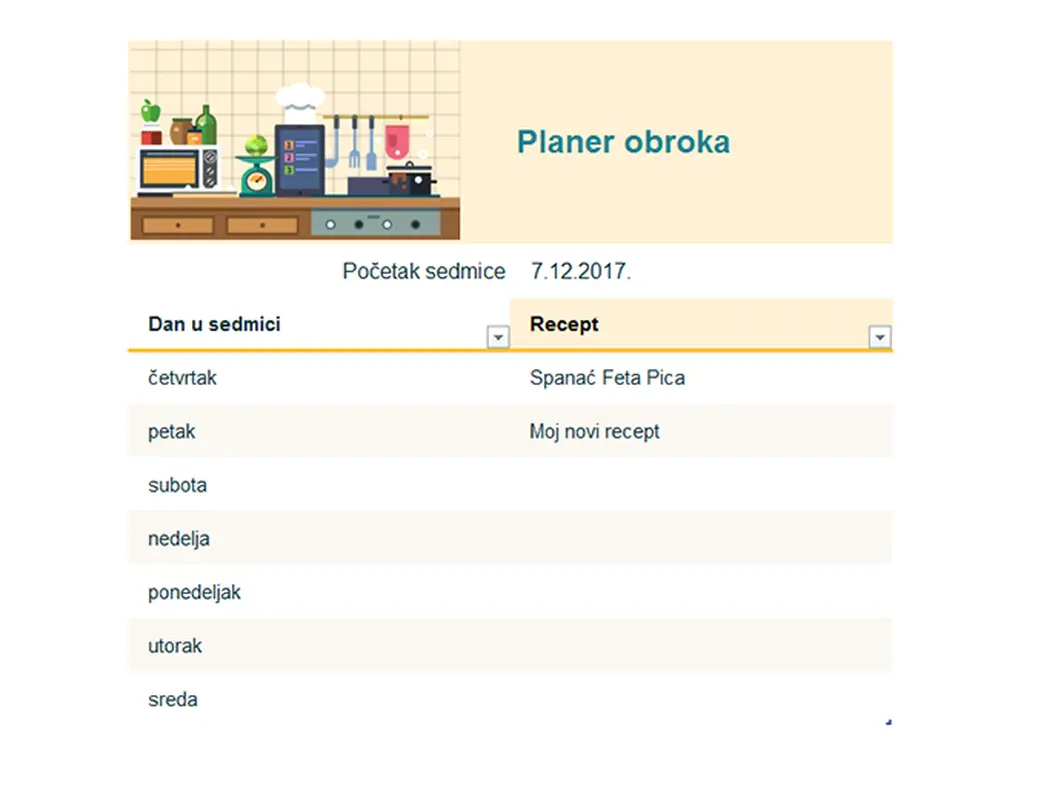 Planer sedmičnog jelovnika  modern simple
