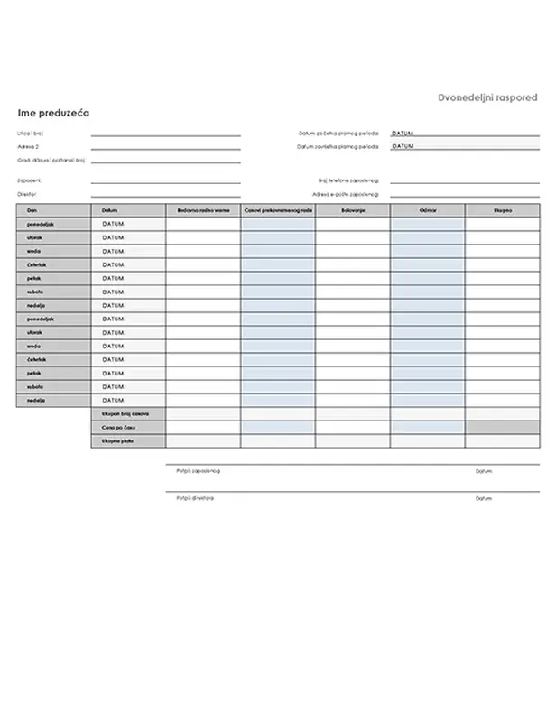 Dvonedeljni vremenski definisan raspored sa bolovanjem i odmorom modern simple