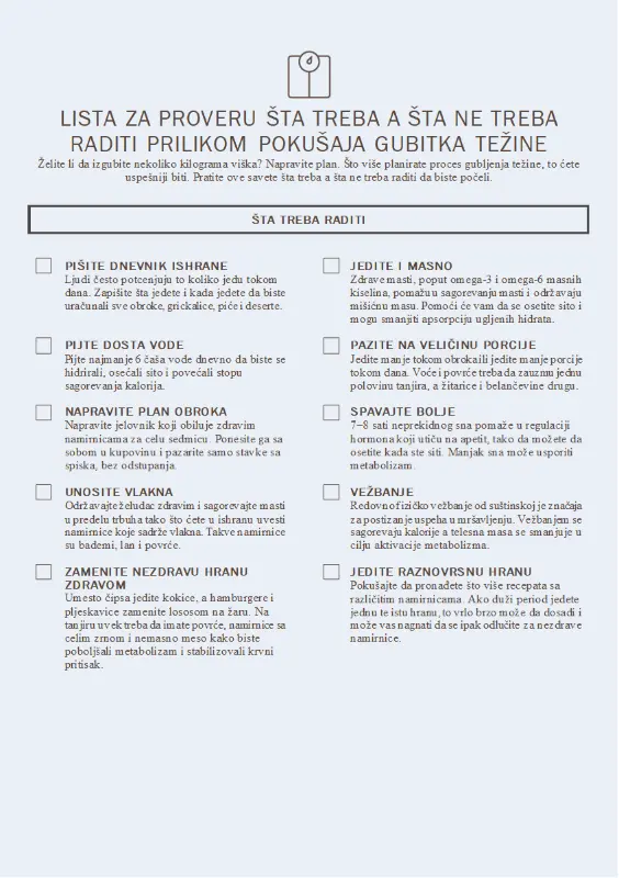 Lista za proveru šta treba a šta ne treba raditi prilikom pokušaja gubitka težine blue modern-simple