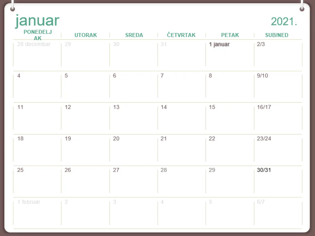 Klasični zidni kalendar (pon–ned, dizajn sa dva prstena) green modern-simple