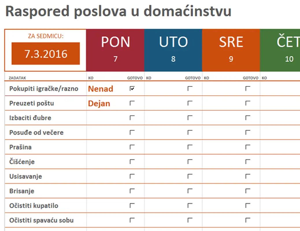 Sedmični raspored poslova u domaćinstvu