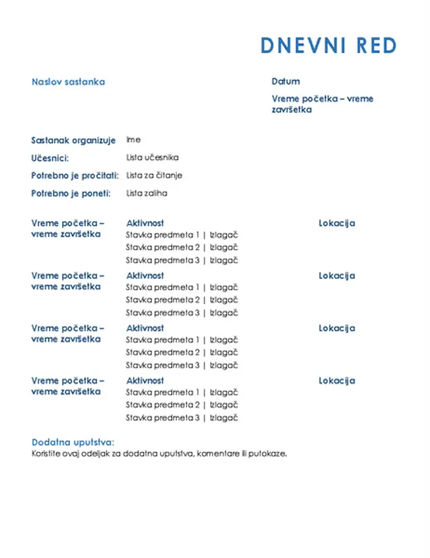 Dnevni red celodnevnog sastanka (formalno)