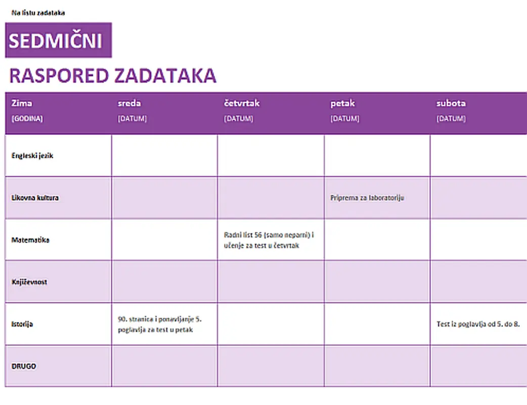 Sedmična lista zadataka