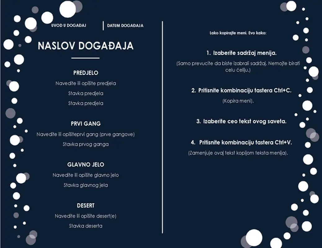 Meni (dizajn za elegantnu zabavu)