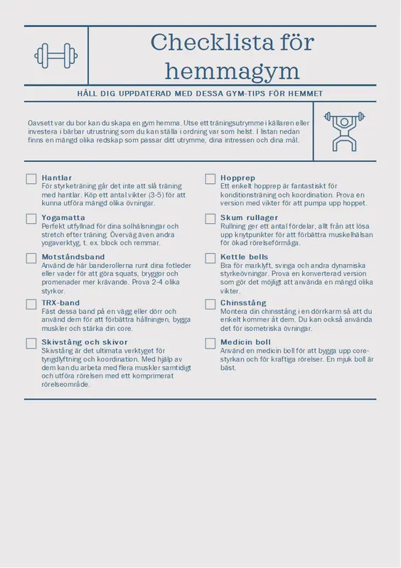 Checklista för hemmagym modern-simple