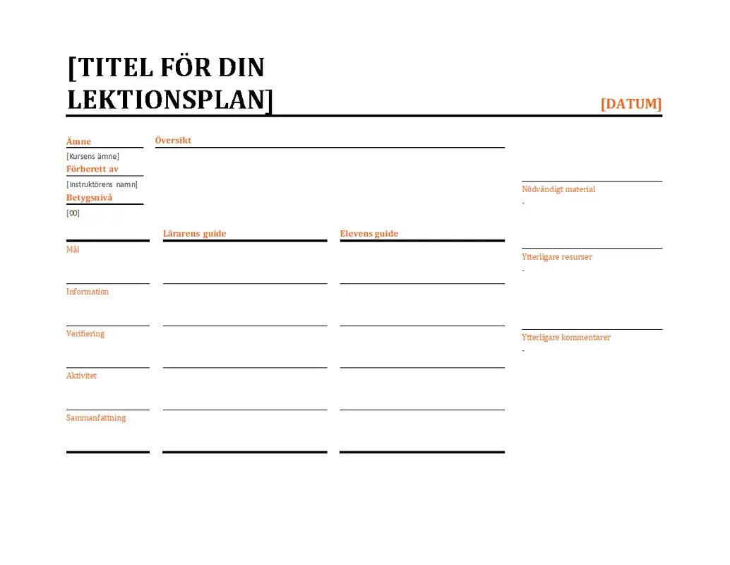 Lektionsplaneringskalender dag för dag