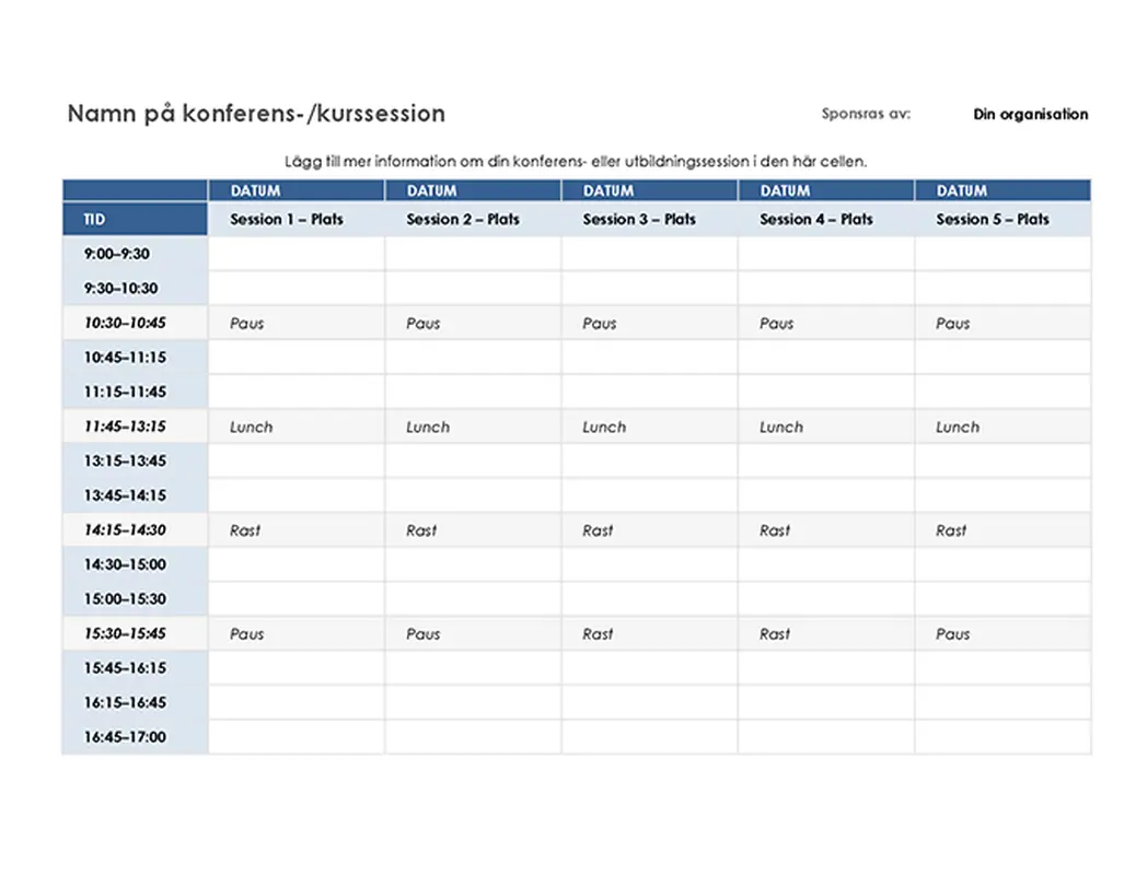 Fem dagars evenemangsschema modern-simple