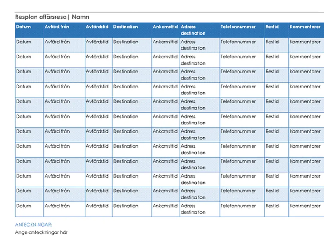 Resplan för affärsresa