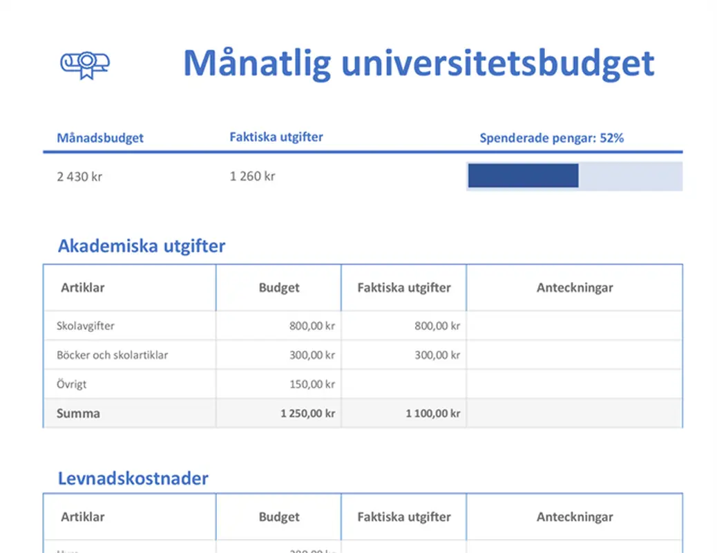 Månadsbudget för högskola